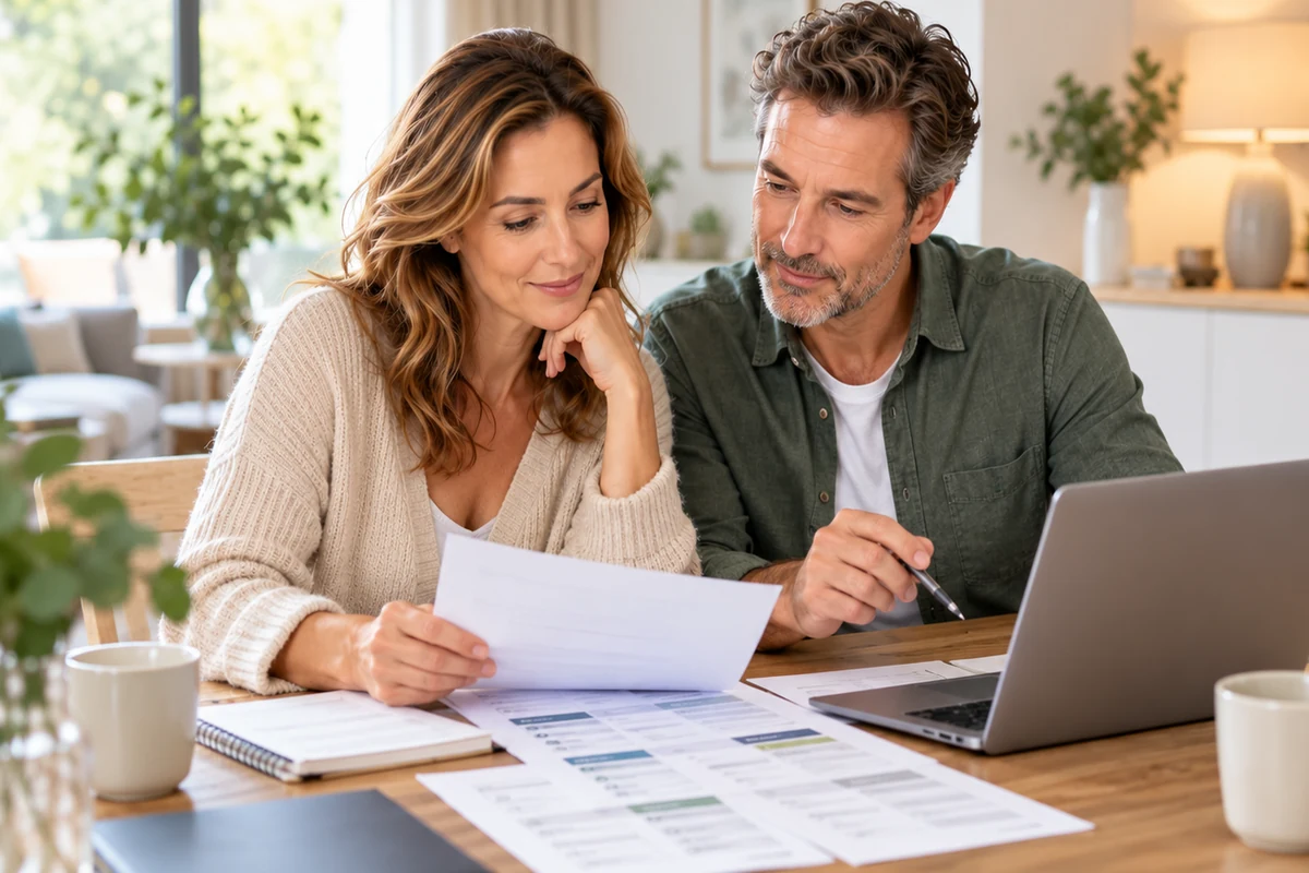 Stel bekijkt financiële documenten voor een kapitaal uitvaartverzekering