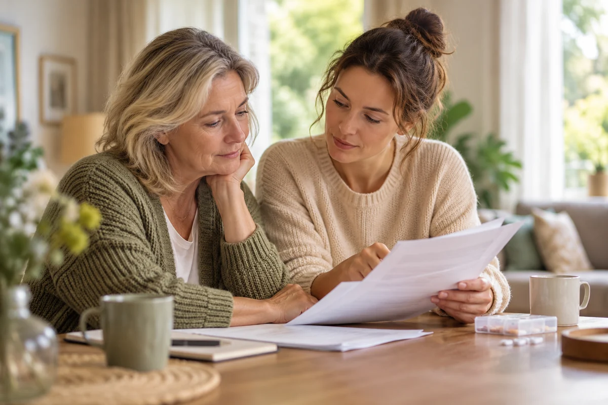 Vrouw bespreekt met een familielid verzekeringsdocumenten bij ziekte