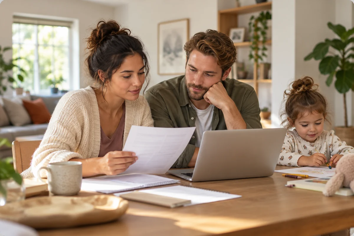 Ouders bekijken thuis de uitvaartverzekering voor hun kind