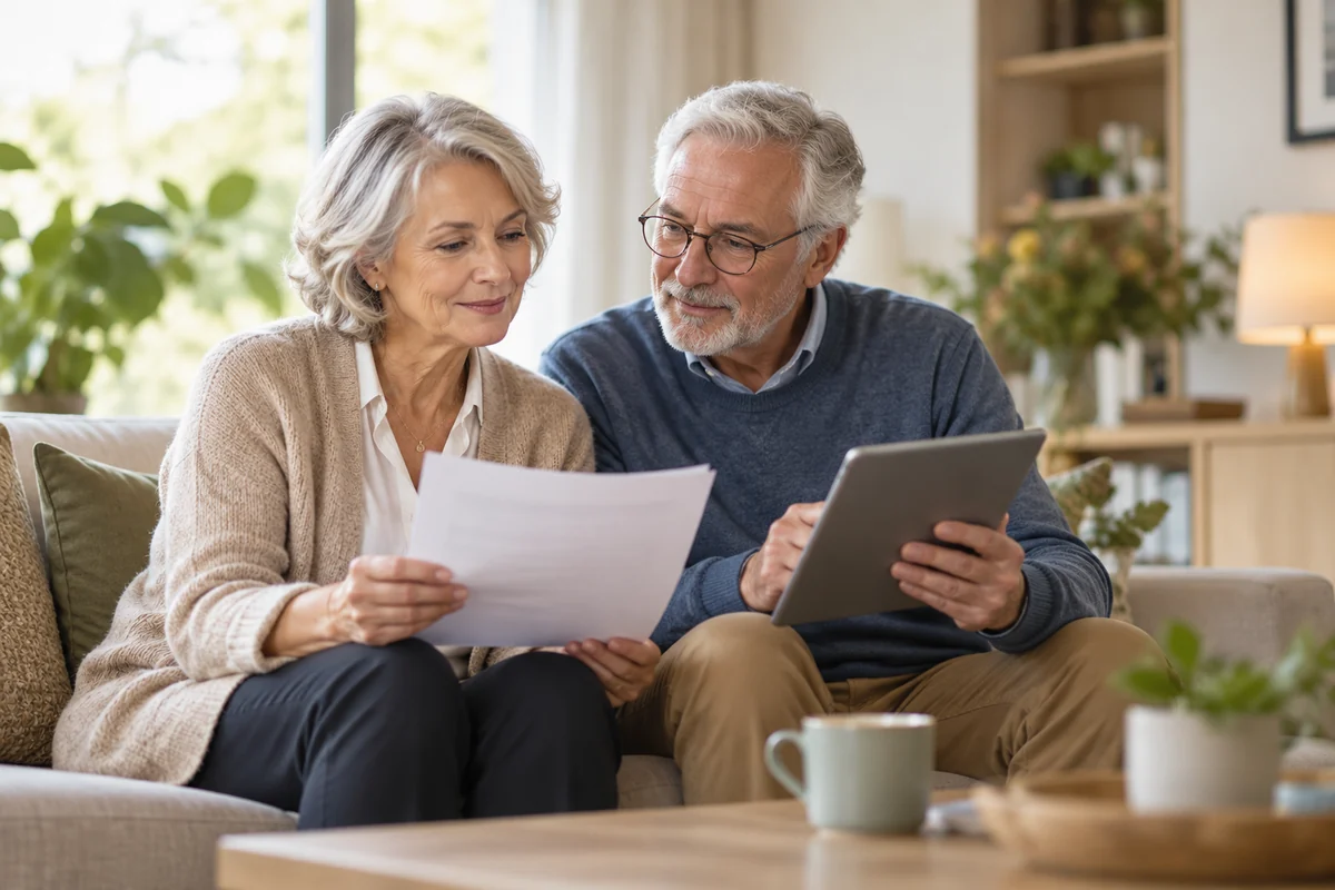 Senior stel bespreekt thuis een uitvaartverzekering en de voorwaarden
