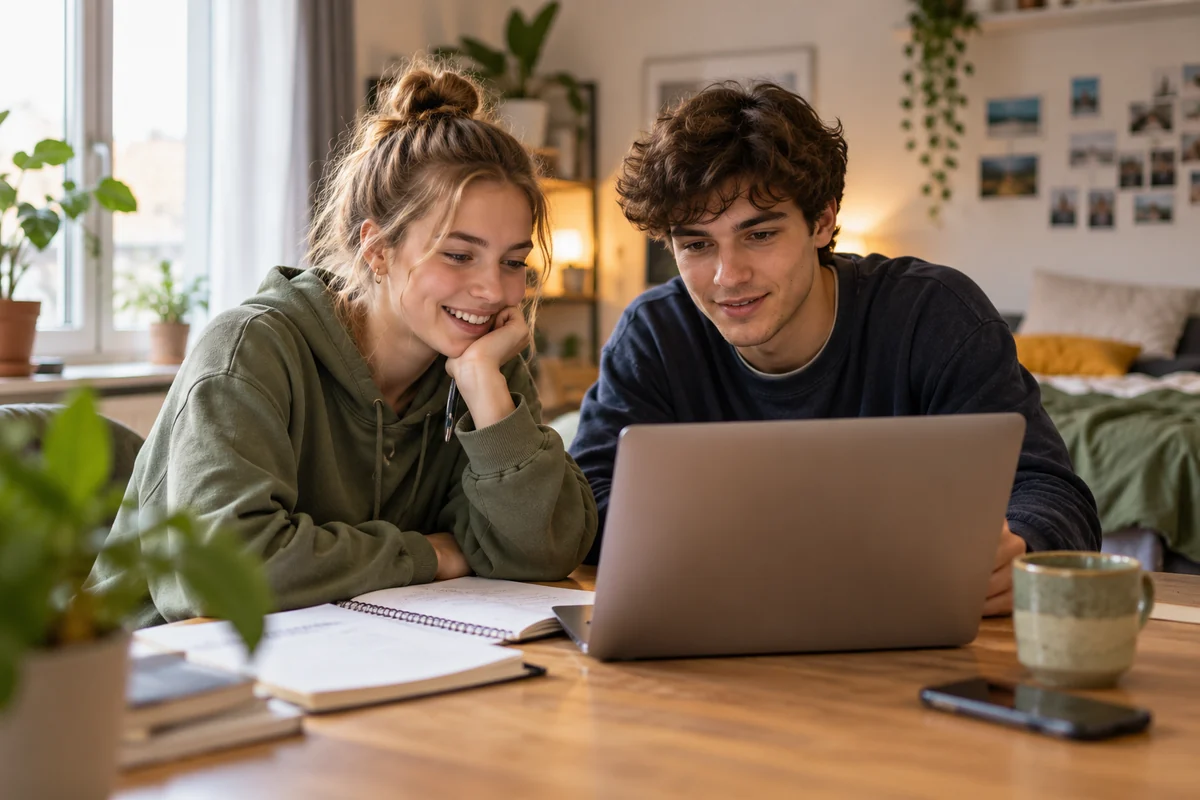 Studenten vergelijken samen een uitvaartverzekering op een laptop