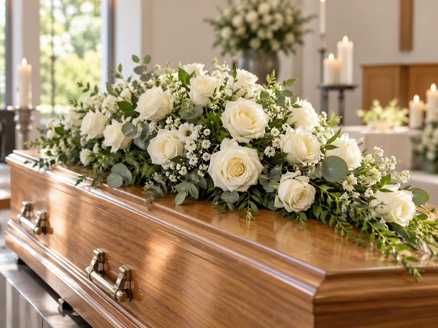 Witte rozen op een houten uitvaartkist